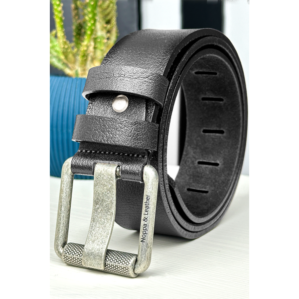 Black Genuine Leather Italian Sports Belt – Pewter-Finished Tubular Buckle