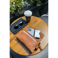 Genuine Leather Unisex Handbag, Tan, with Phone Compartment and Zipper